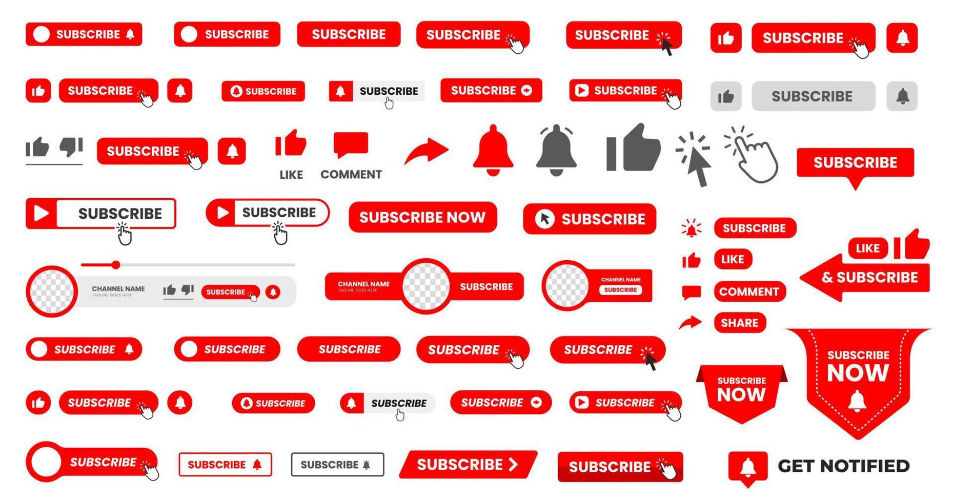 set of big mega collection  Subscribe button with hand click icon. Subscribe, bell button and hand cursor bundle. Red button subscribe to channel, blog. Social media background. vector