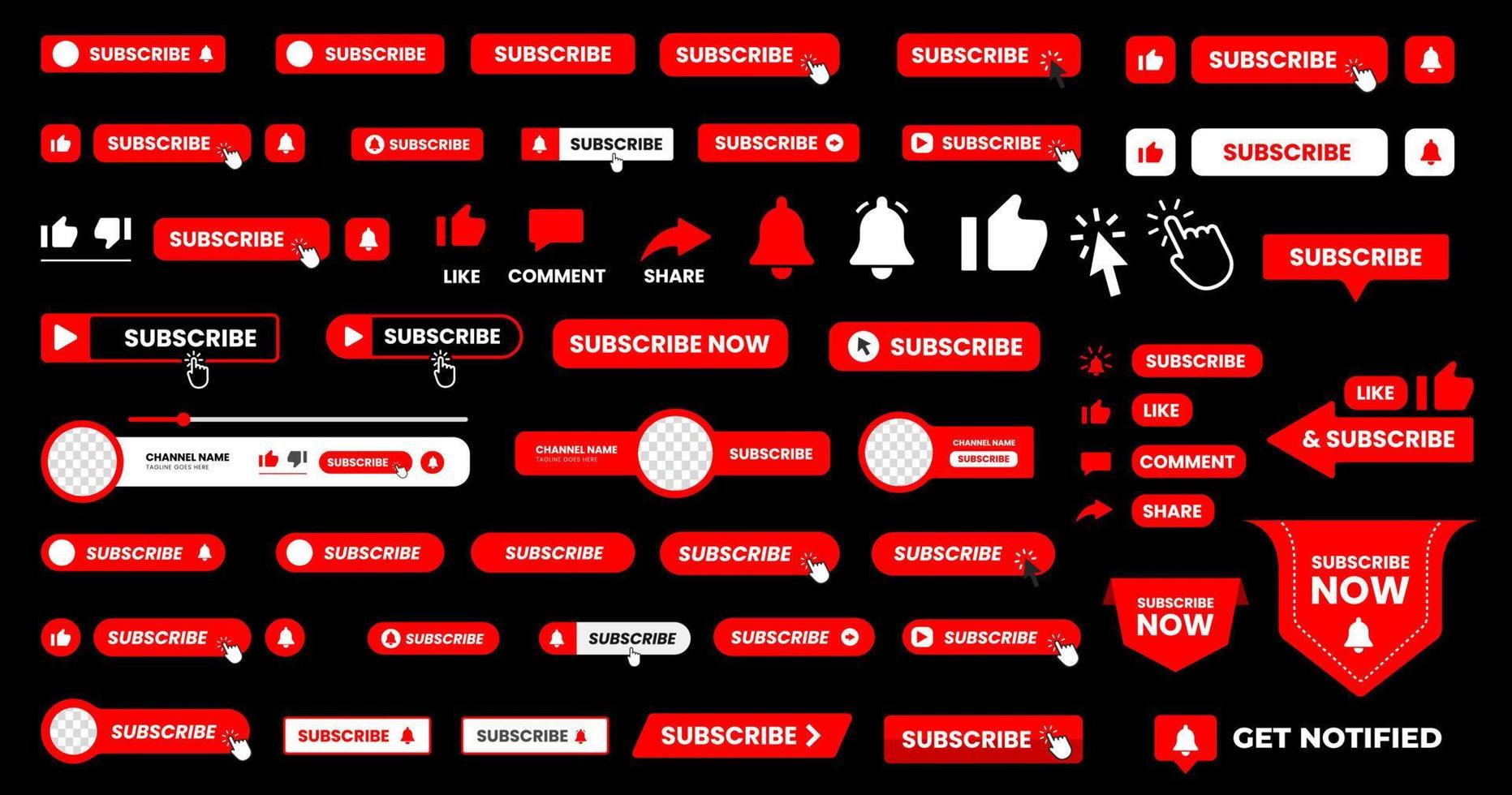 set of big mega collection Subscribe button with hand click icon. Subscribe, bell button and hand cursor bundle. Red button subscribe to channel, blog. Social media background. subscribe button bundle vector