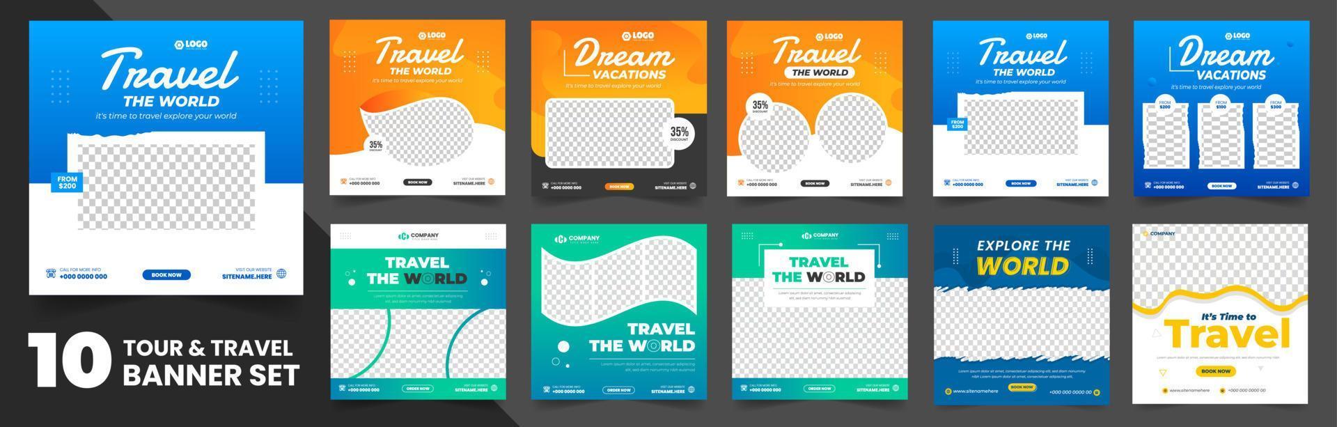 set of 10 big mega collection tour and travel social media post banner design template. travel social media post banner bundle. tour social media post banner design set. vector
