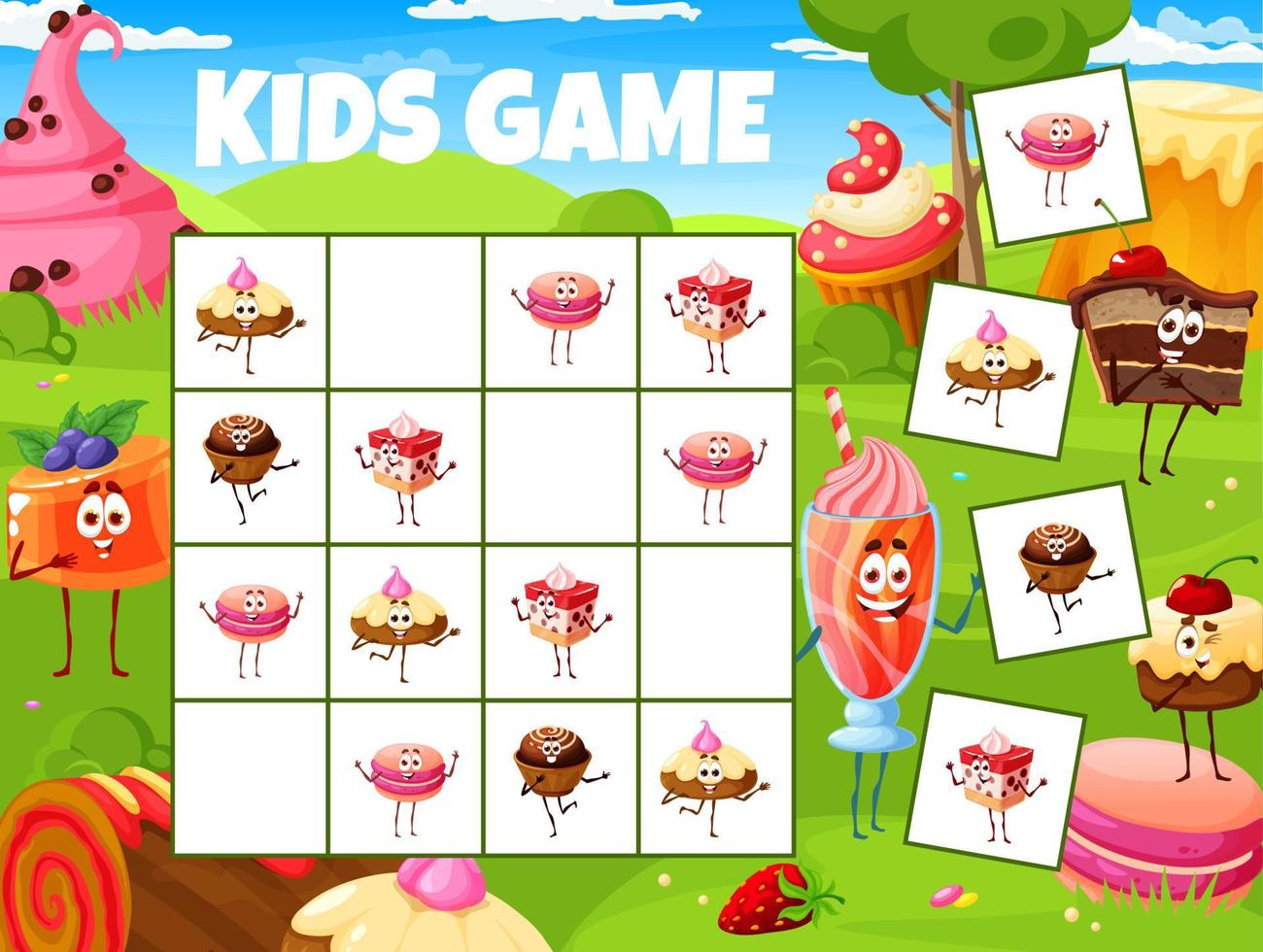 sudoku niños juego, dibujos animados postres, dulce pasteles vector