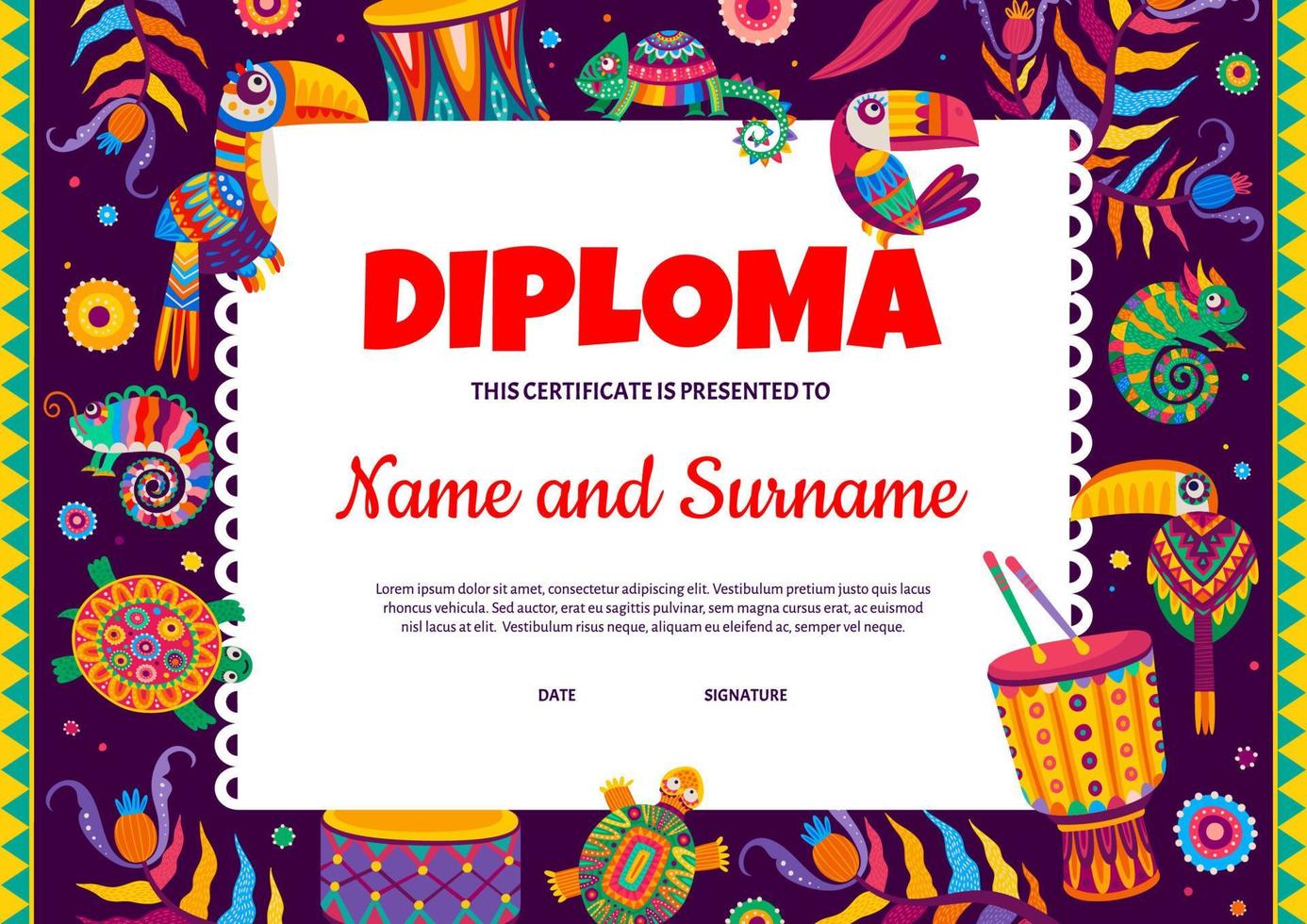 niños diploma, brasileño batería, tucanes y loros vector