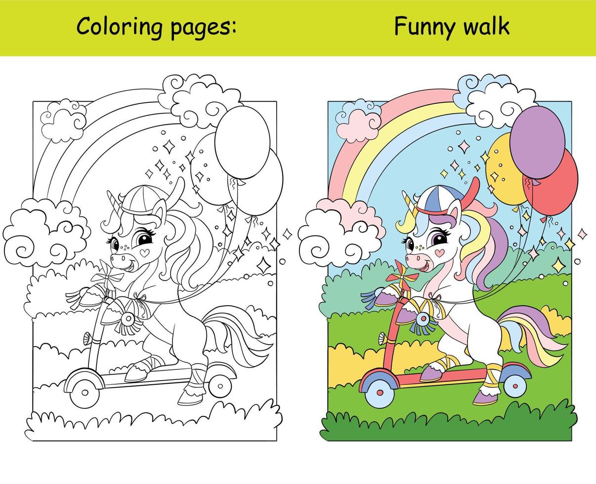 Cute little unicorn rolling on a scooter coloring book vector