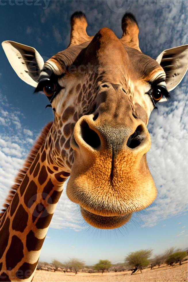 Giraffe looking at the camera.  AI photorealistic illustration photo