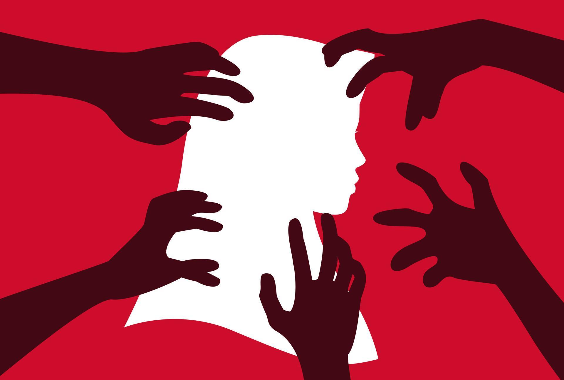 Silhouette of woman, harassment vector illustration. hands of man ...