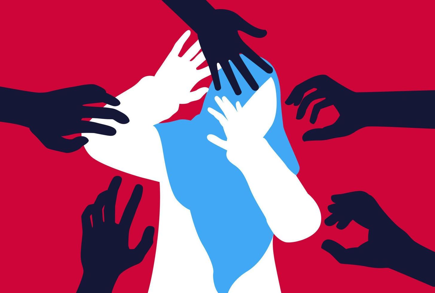 Silhouette of woman, harassment vector illustration. hands of man touching hijab women. Violence against women, Workplace bullying concept. flat concept, text, blue, white, victim, sexual, rape