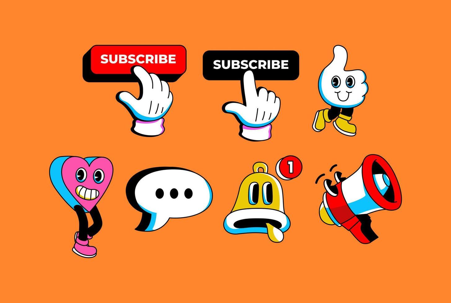 Hand Drawn Like, Comment, Subscribe, Notification cartoon characters illustration set. retro style vector