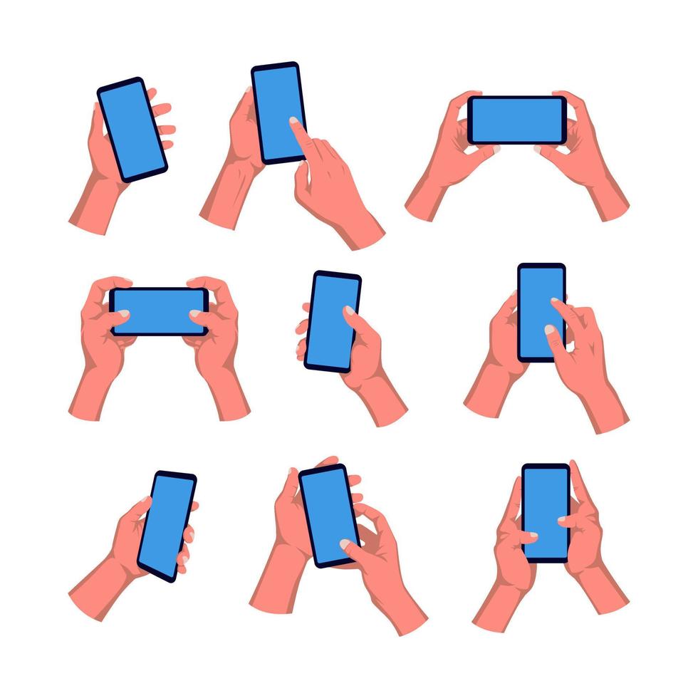 Hands holding smartphones. hand hold a phone illustration set vector