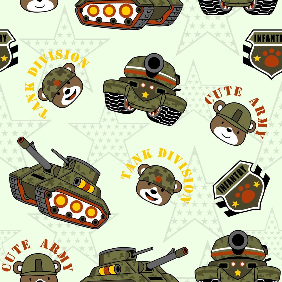 seamless pattern vector of armored vehicles cartoon with funny bear soldiers