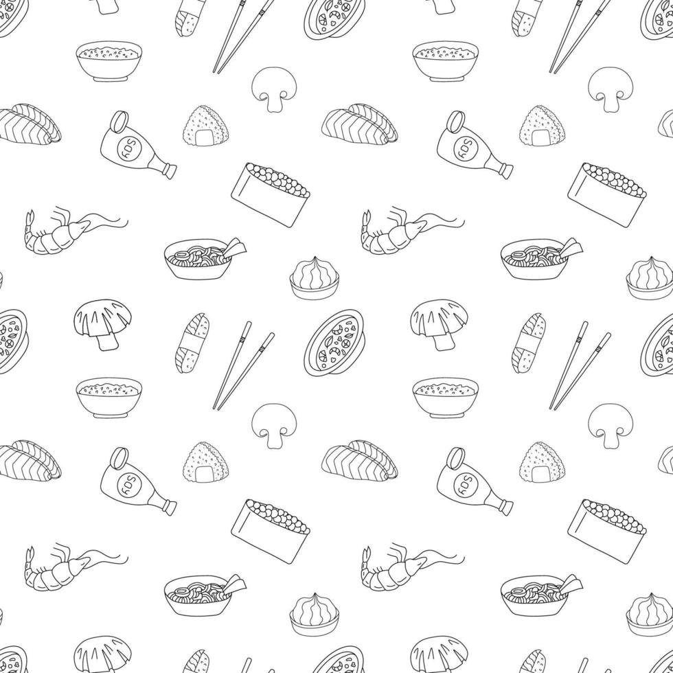 Hand drawn seamless pattern sushi, rolls. vector