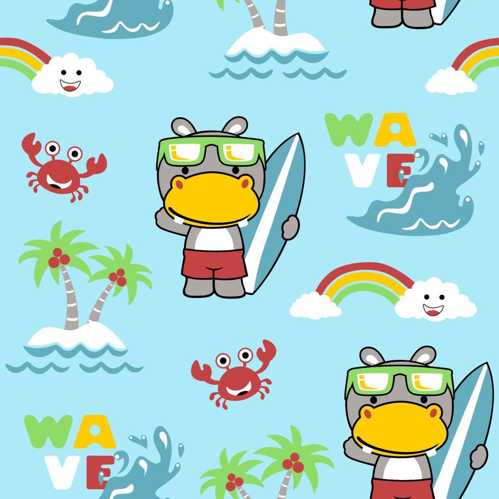 seamless pattern vector of cartoon cute hippo with crab, beach holiday elements