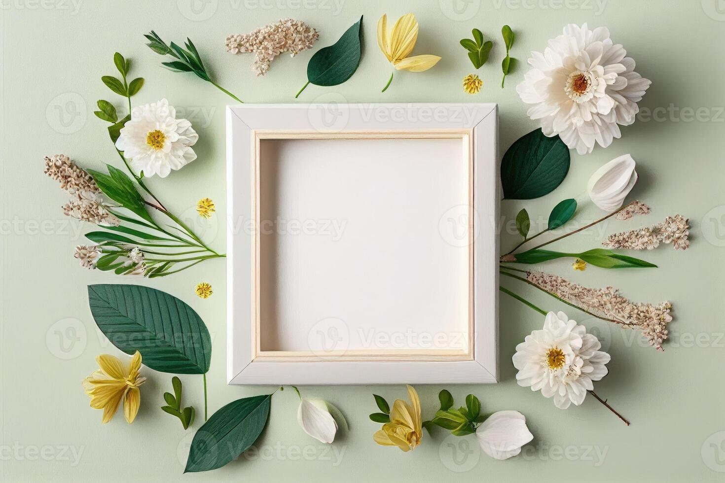 Beautiful spring flower flat lay background with white frame. photo