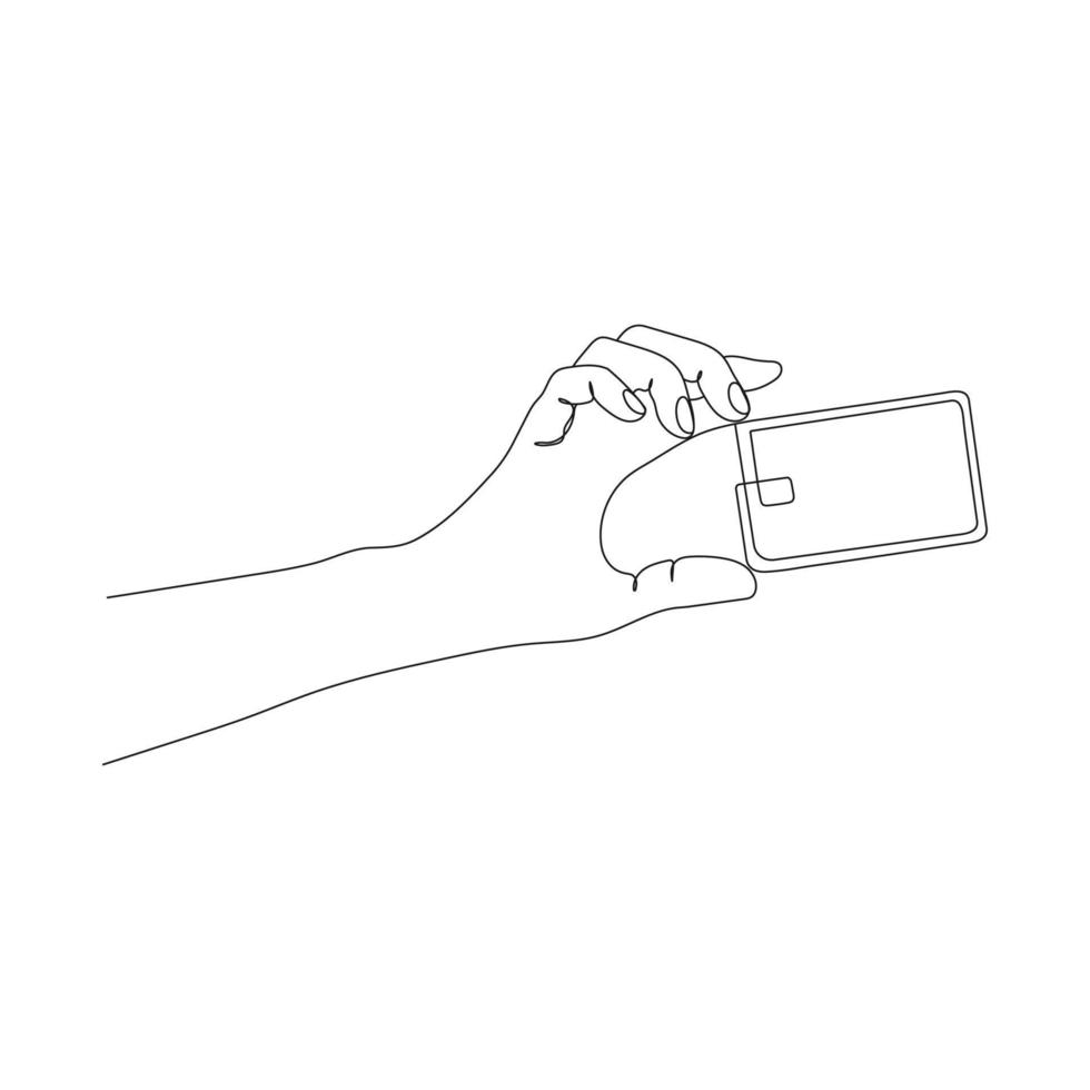 Hand holding a business or credit card. One line art. Hand giving a credit card to pay for shopping. Hand drawn vector illustration.
