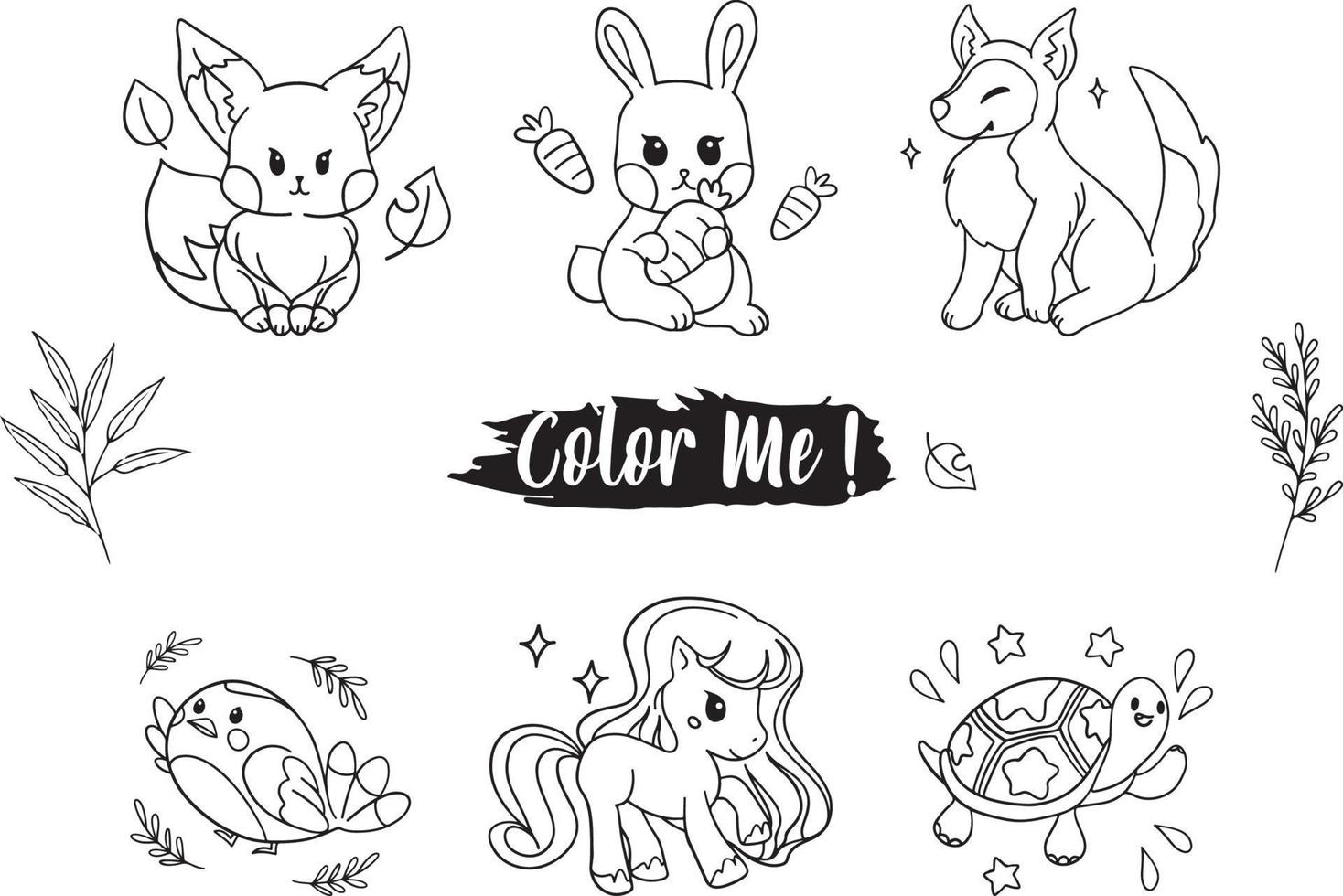 Set of various animals cartoon line art. Black and white vector ...