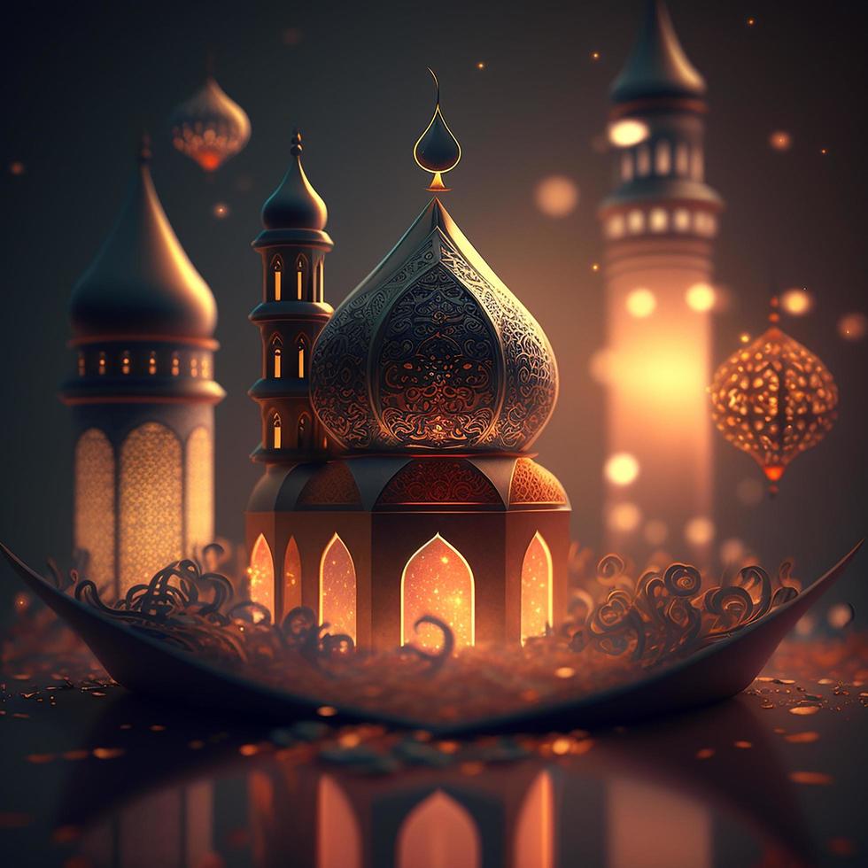 Islamic greetings ramadan kareem card design background with beautiful gold and 3d mosque photo