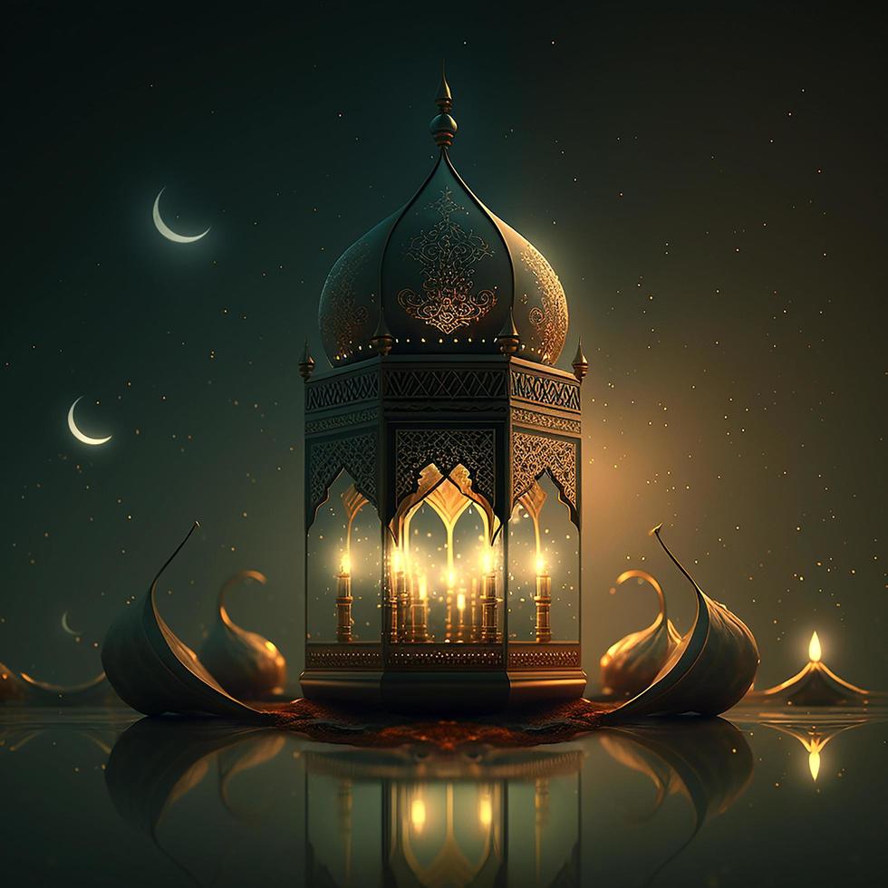 Islamic greetings ramadan kareem card design background with beautiful gold and 3d mosque photo