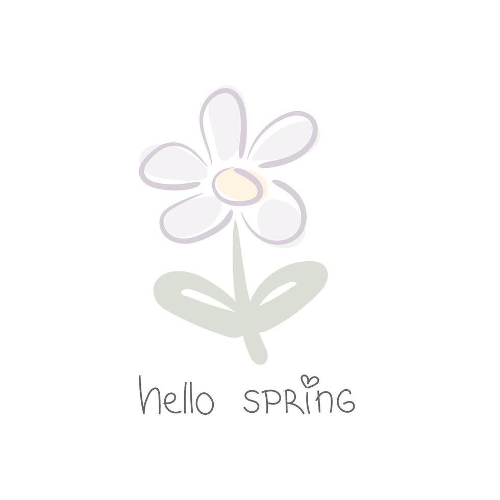 Hola primavera. dibujos animados flor, mano dibujo letras. vistoso primavera vector ilustración, plano estilo. diseño para imprimir, saludo tarjeta, póster decoración, cubrir