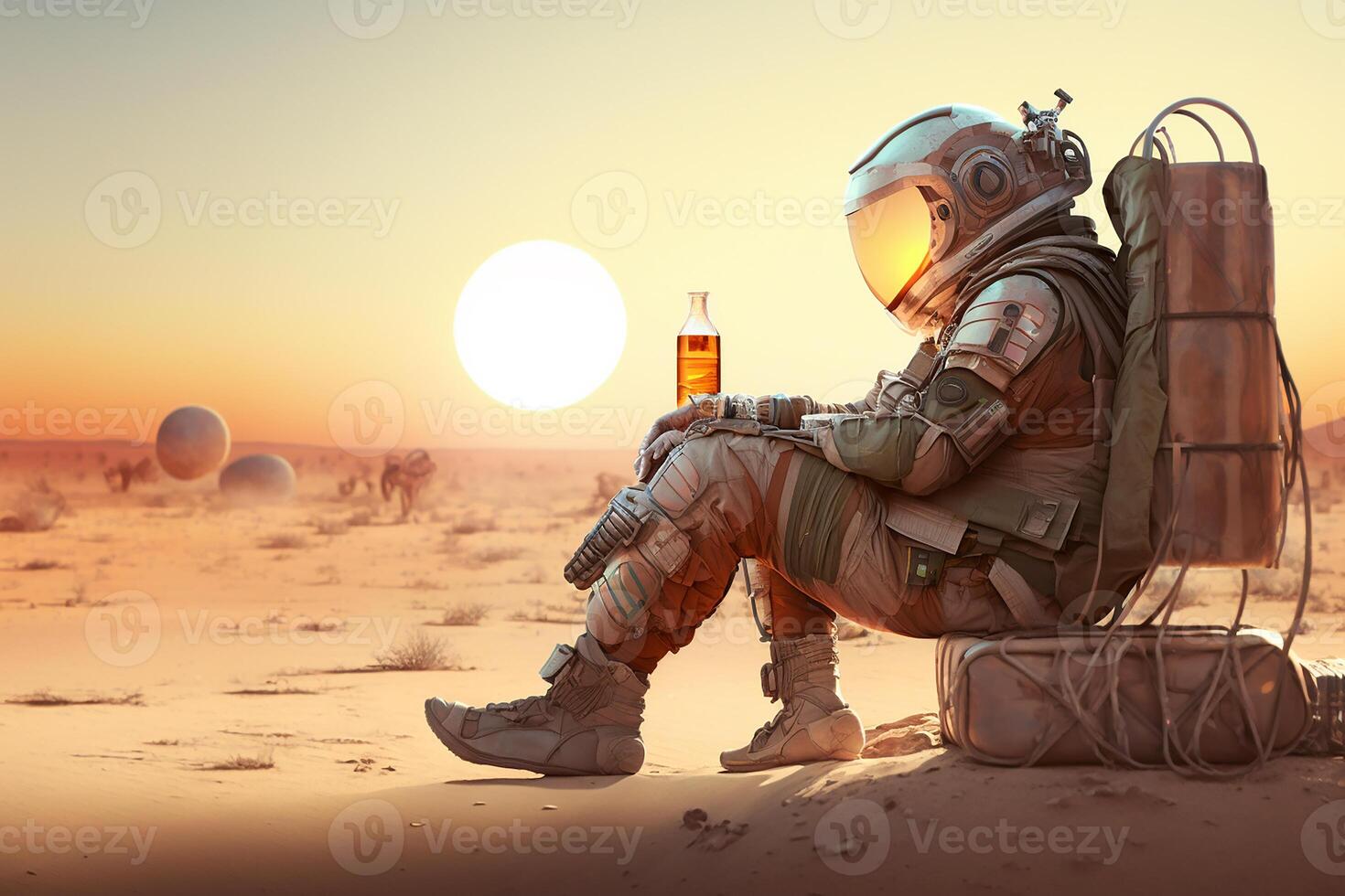 Astronaut sitting in the desert at sunset. photo