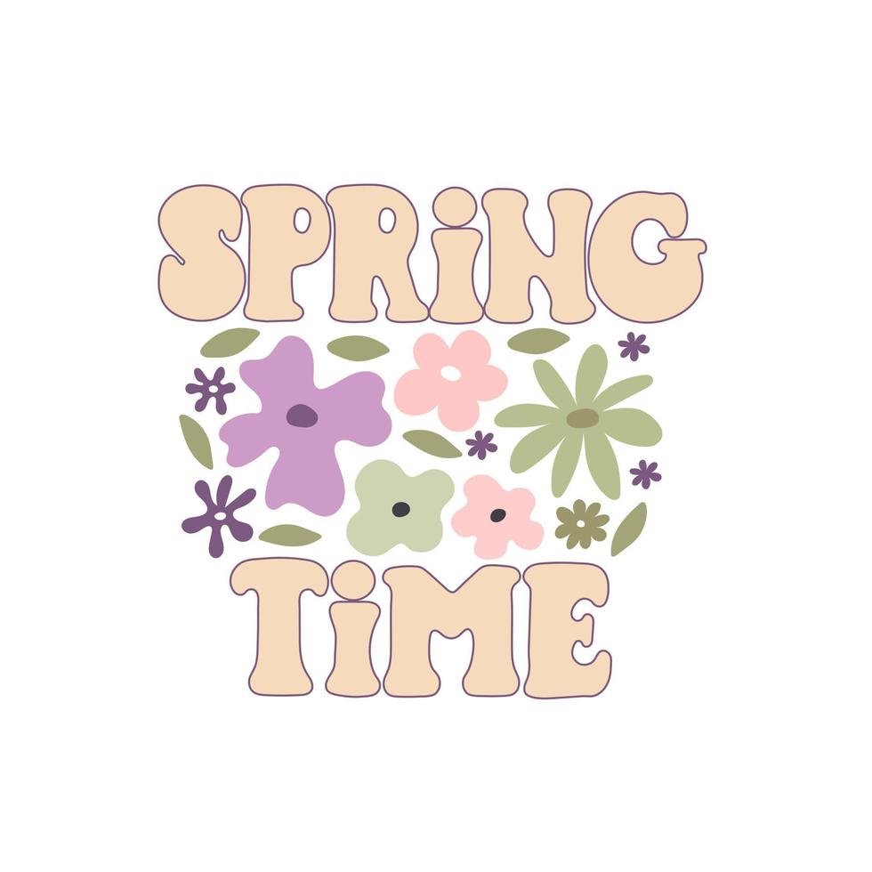 primavera tiempo. dibujos animados flor, mano dibujo letras. vistoso primavera vector ilustración, retro estilo. diseño para imprimir, saludo tarjeta, póster decoración, cubrir