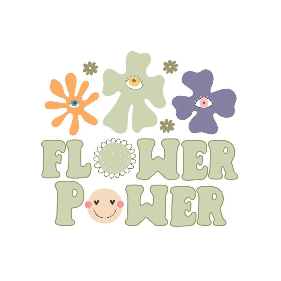 Flower power. Cartoon flowers, peace sign, hand drawing lettering vector