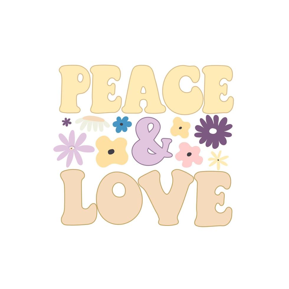 peace and love. Cartoon flowers, hand drawing lettering vector