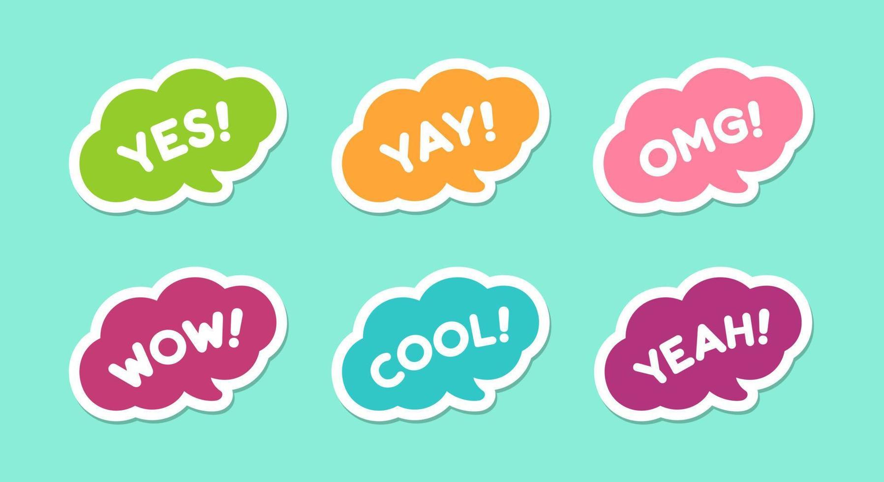 Cute speech bubble with short phrases yes, yay, omg, cool, wow, yeah, online messaging icon set. Simple flat vector illustration.