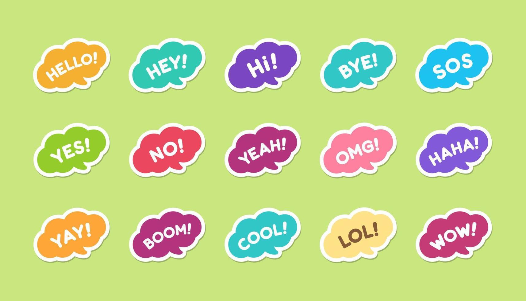 Cute speech bubble with short phrases hello, bye, yes, no, yay, cool, wow, haha icon set. Simple flat vector illustration.