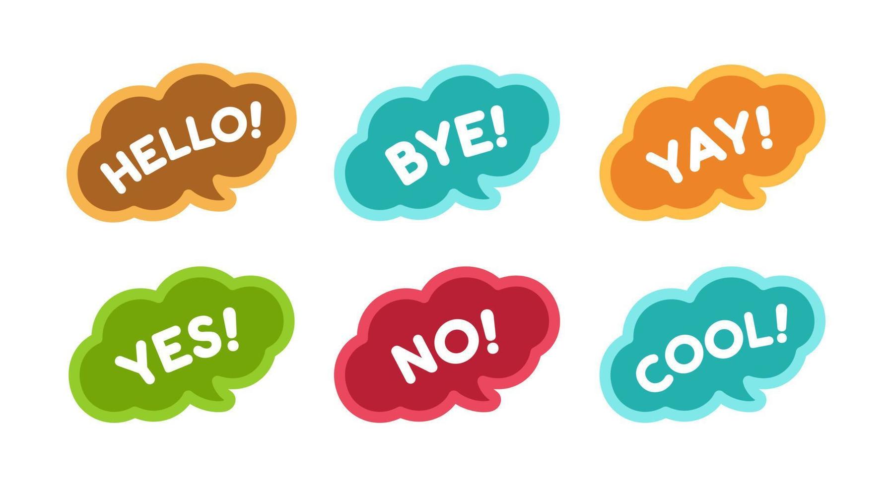 Cute speech bubble with short phrases hello, bye, yes, no, yay, cool icon set. Simple flat vector illustration.