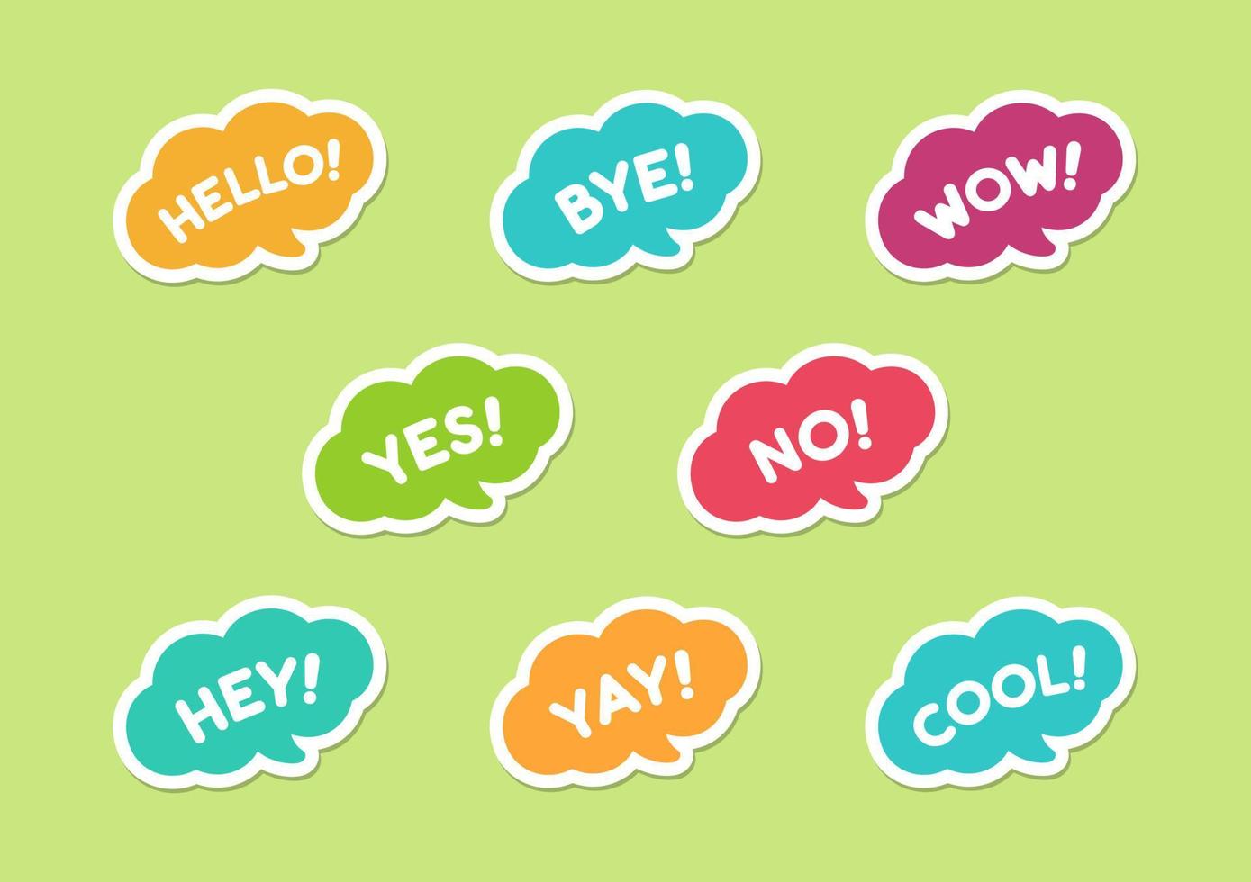 Cute speech bubble with short phrases hello, bye, yes, no, yay, cool, wow, haha icon set. Simple flat vector illustration.
