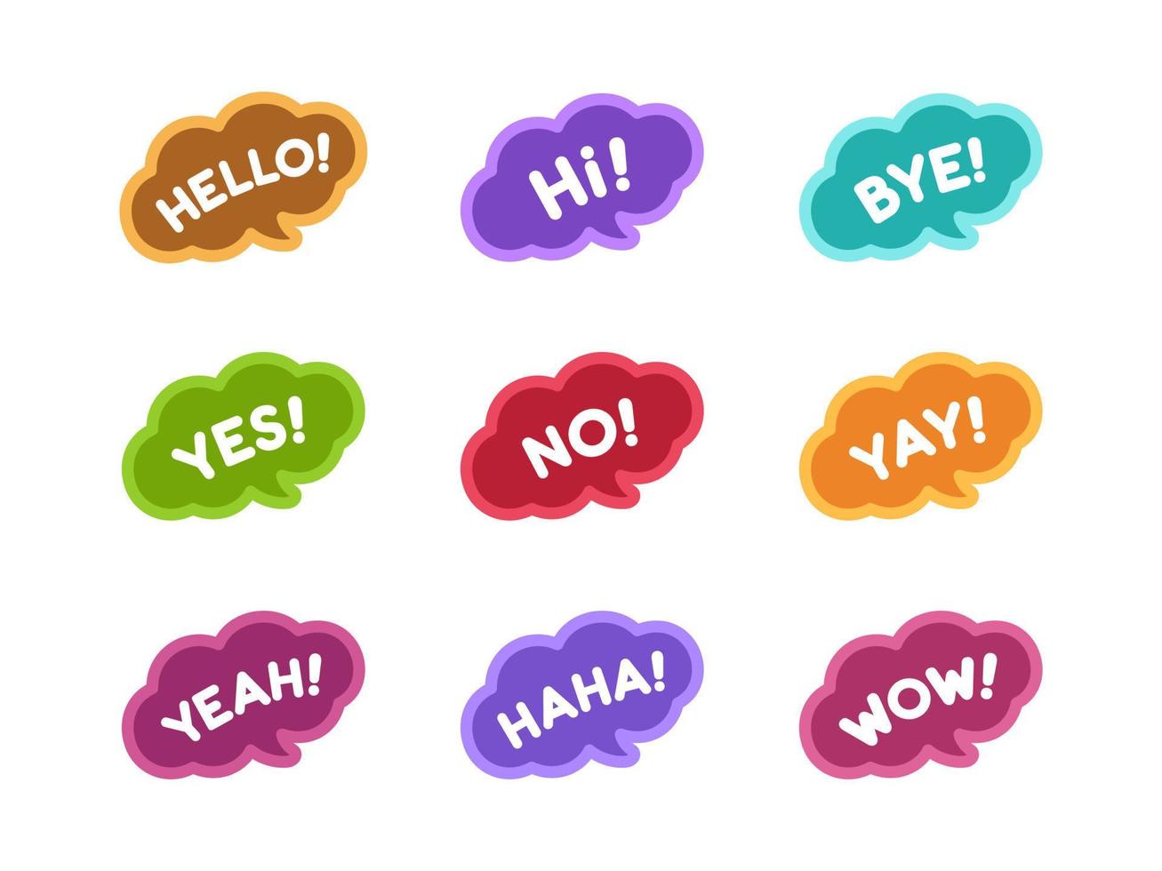 Cute speech bubble with short phrases hello, bye, yes, no, yay, cool, wow, haha icon set. Simple flat vector illustration.