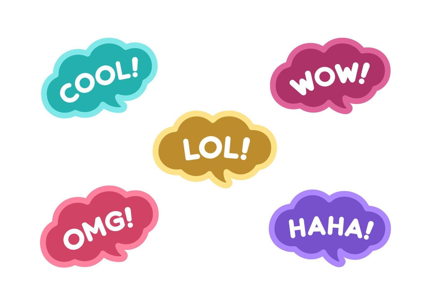 Cute speech bubble with short phrases cool, omg, wow, haha, lol online messaging icon set. Simple flat vector illustration.