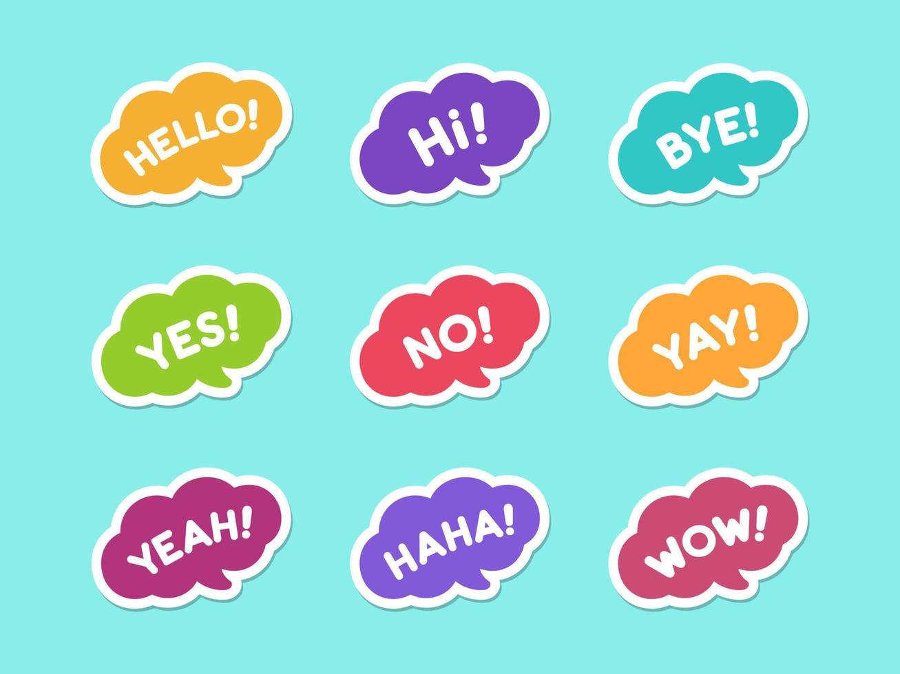 Cute speech bubble with short phrases hello, bye, yes, no, yay, cool, wow, haha icon set. Simple flat vector illustration.