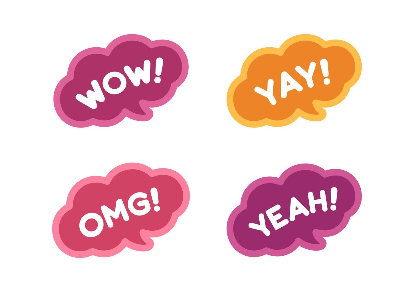 Cute speech bubble with short phrases yay, omg, wow, yeah, online messaging icon set. Simple flat vector illustration.