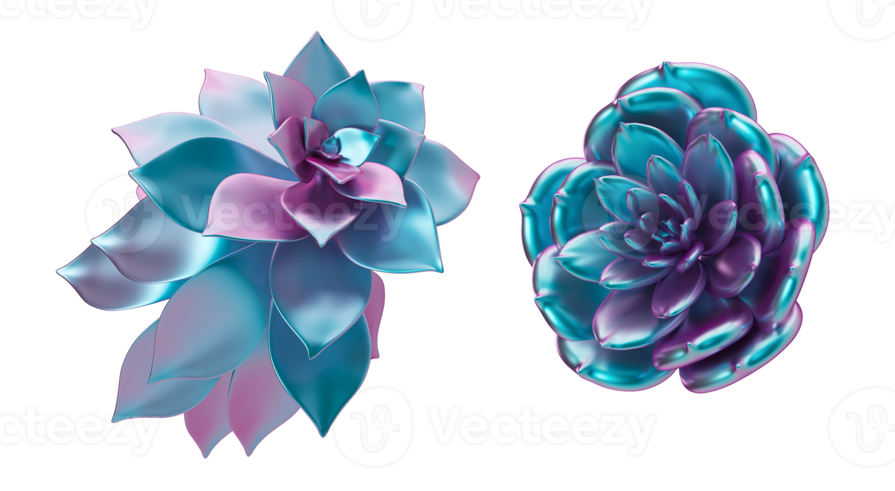 Holographic plants, flowers on transparent background. Cut out graphic design elements. Trendy and futuristic, iridescent objects. 3D rendering. png