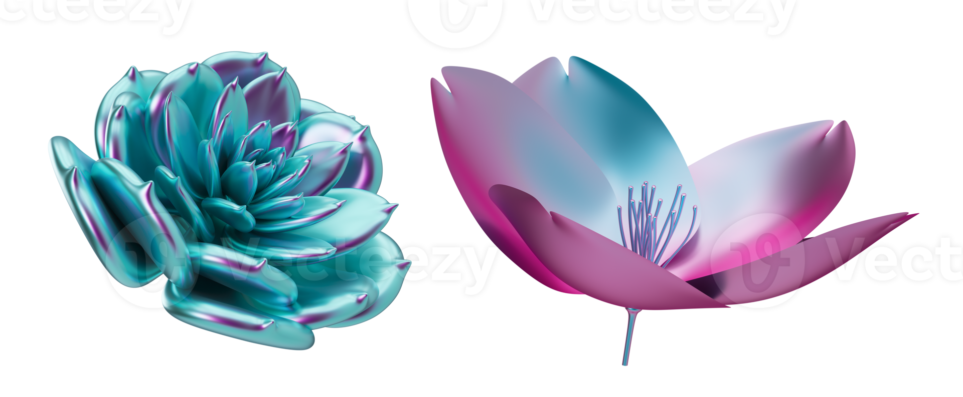 Holographic plants, flowers on transparent background. Cut out graphic design elements. Trendy and futuristic, iridescent objects. 3D rendering. png