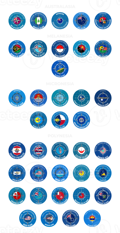 Set of  illustrations of the flags of the countries of Australia and Oceania in the form of a wind rose. Groups of Australasia, Micronesia, Melanesia and Polynesia. png