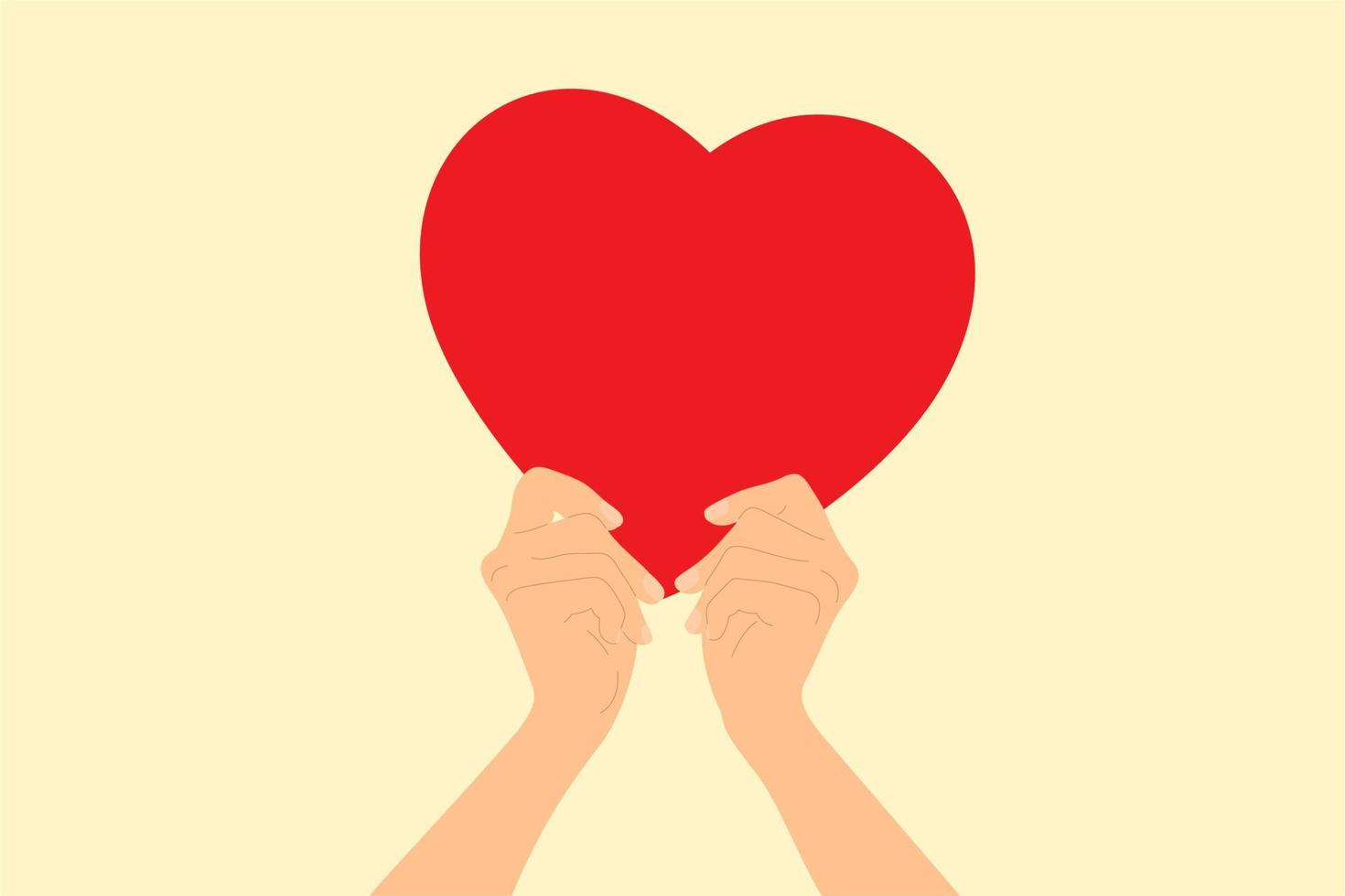dos manos participación un grande rojo corazón. concepto de amar, caridad, donación. vector