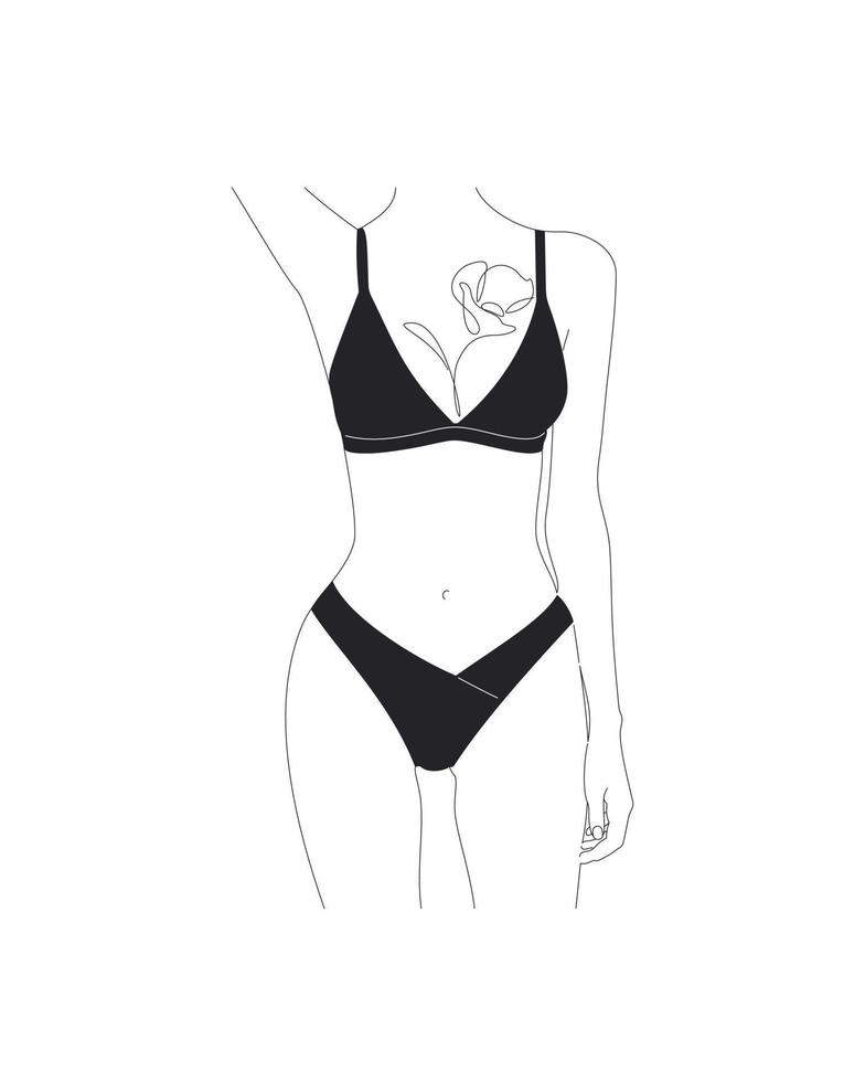 Vector Illustration of a woman in bikini with abstract flower on chest. Cropped female body,