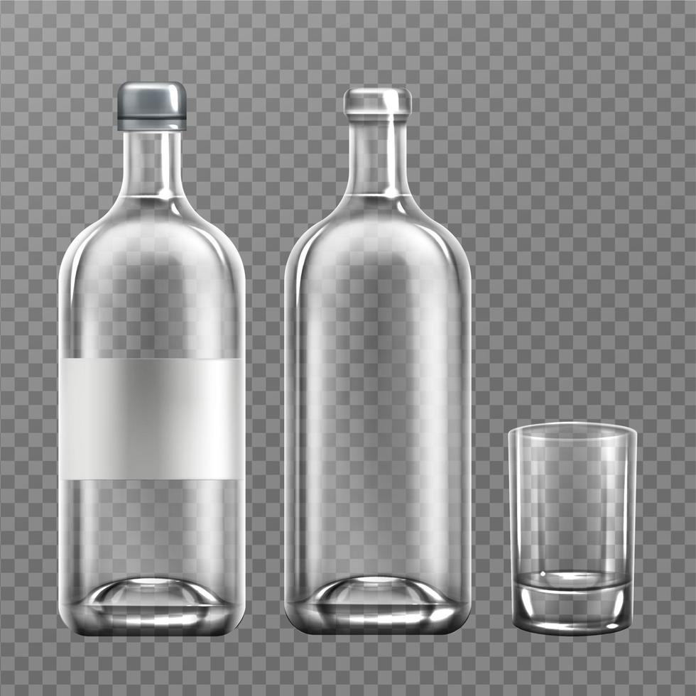 Vodka glass bottle realistic filled alcohol pack vector