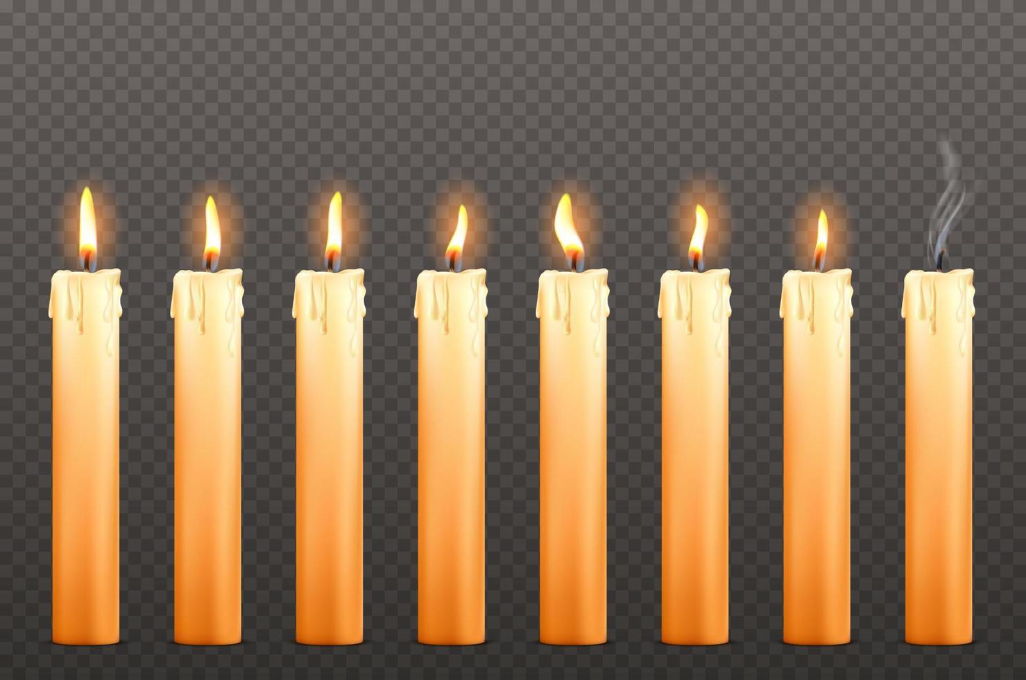 Candles with different fire flames and wax drips vector