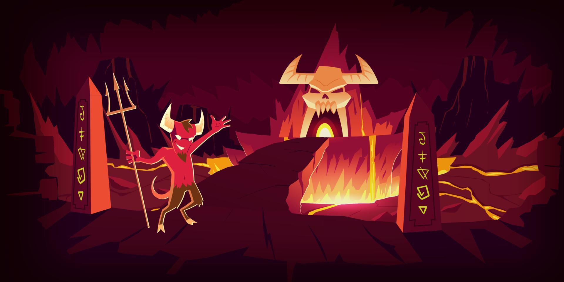 Hell landscape, infernal stone cave cartoon vector