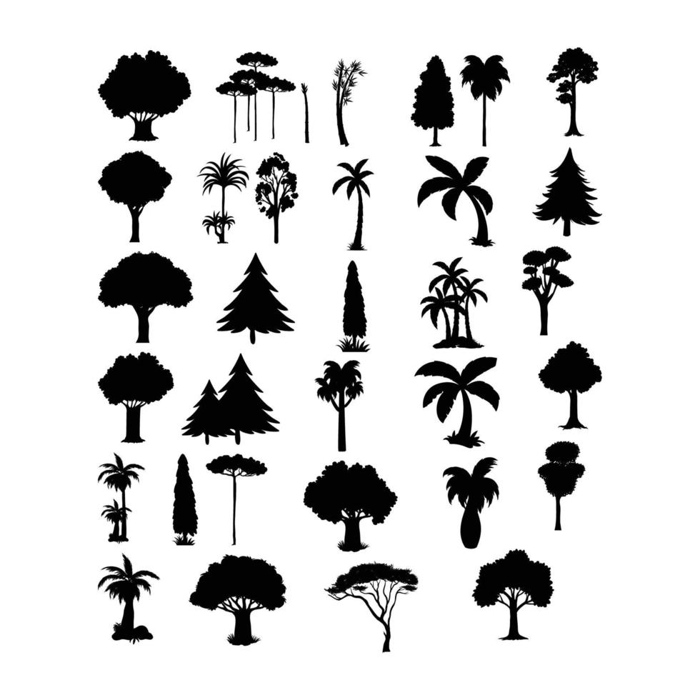 colección de arboles y plantas en negro vector