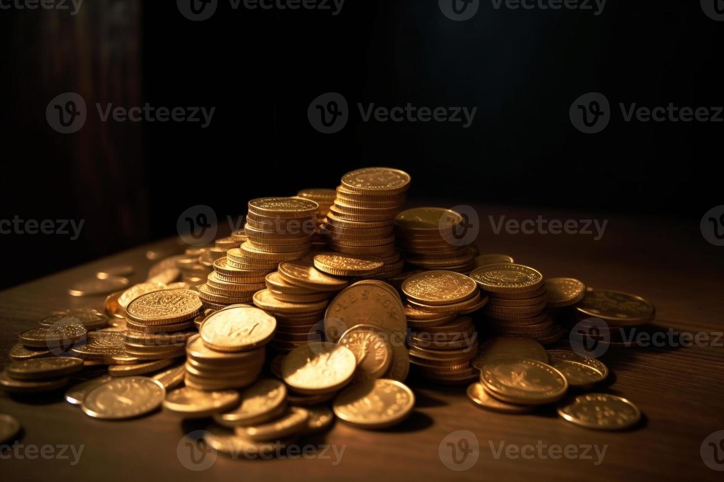 gold coins on a table with dark background AI photo