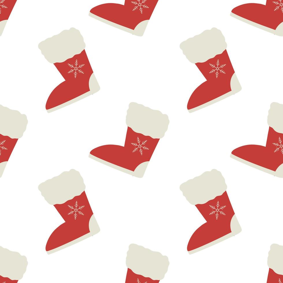 Warm red winter boots with snowflake. Festival seamless pattern with cute doodle. vector