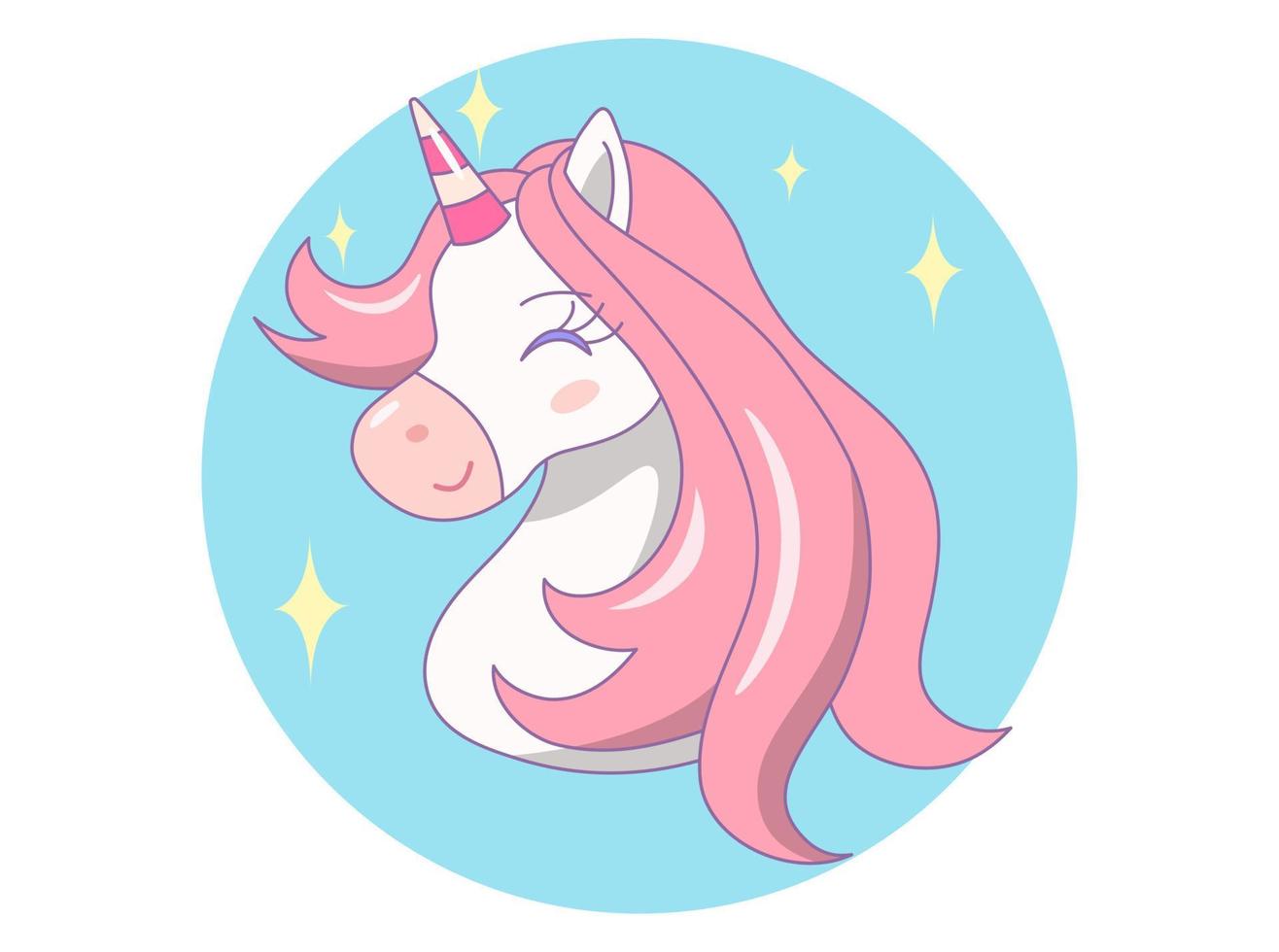 Head of cute unicorn with closed eyes on blue circle with sparkling and white background. Vector design illustration.