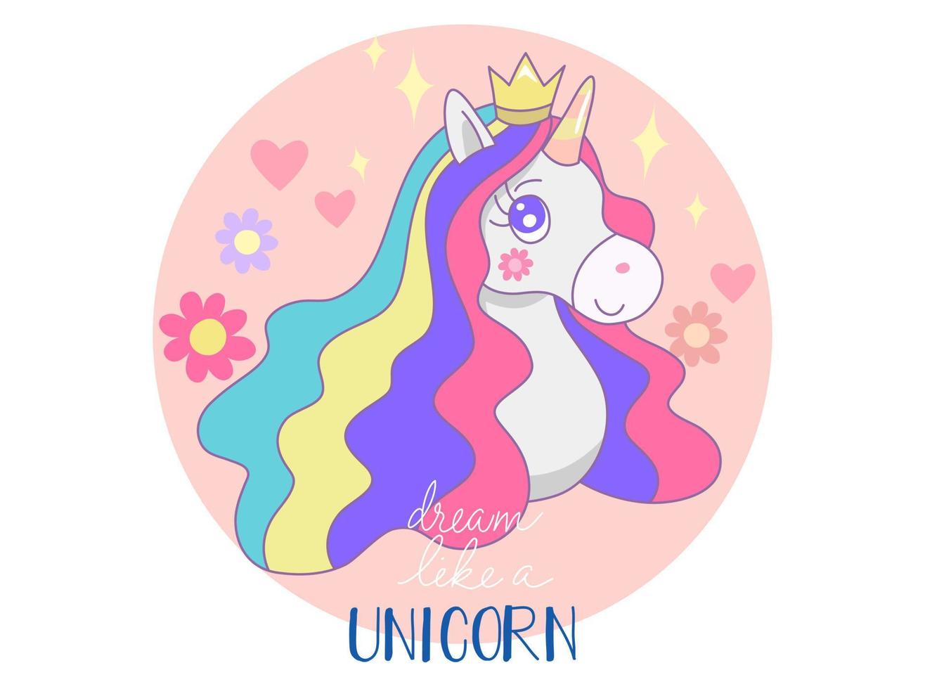Head of cute  princess unicorn with flower, heart on pink circle and white background. Vector design illustration.