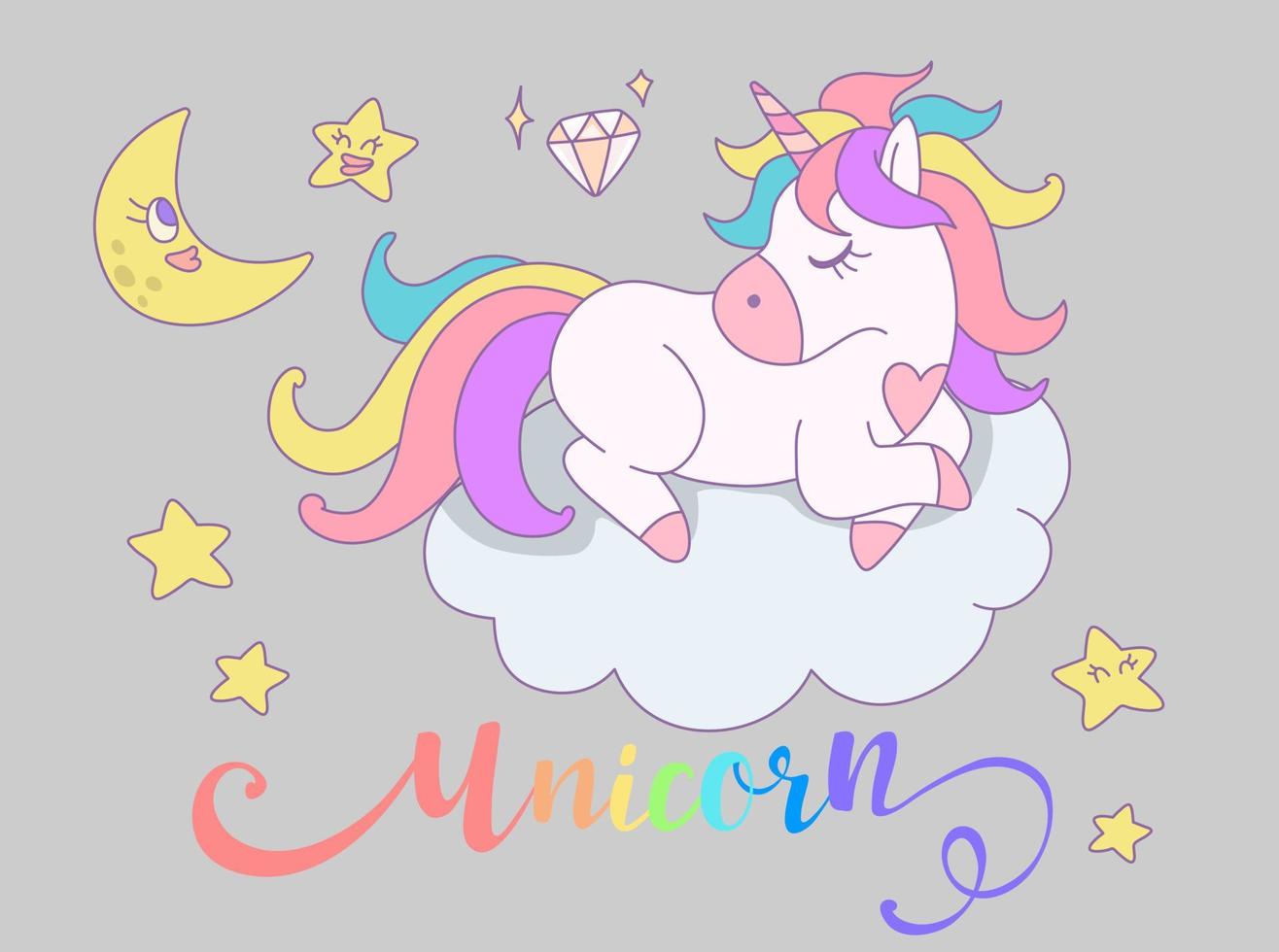 Cute rainbow unicorn sleeping on clouds with rainbow. Vector design illustration.