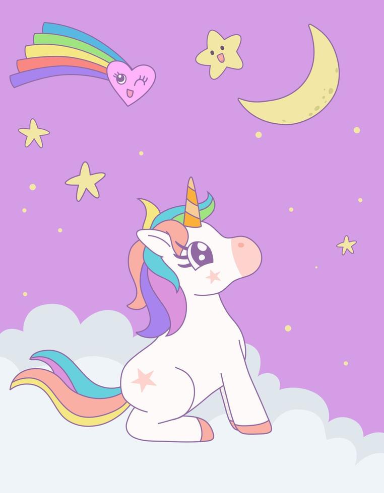 Cute rainbow unicorn sitting looking at the moon on the cloud with star in the sky. Vector design illustration.