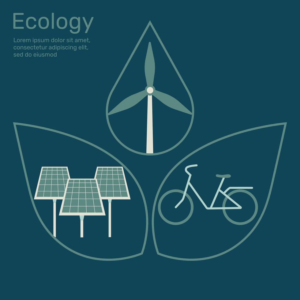 Wind turbine in waterdrop shape, solar cell, bicycle in leaf, Life ecology concept nature conservation. Vector design illustration.