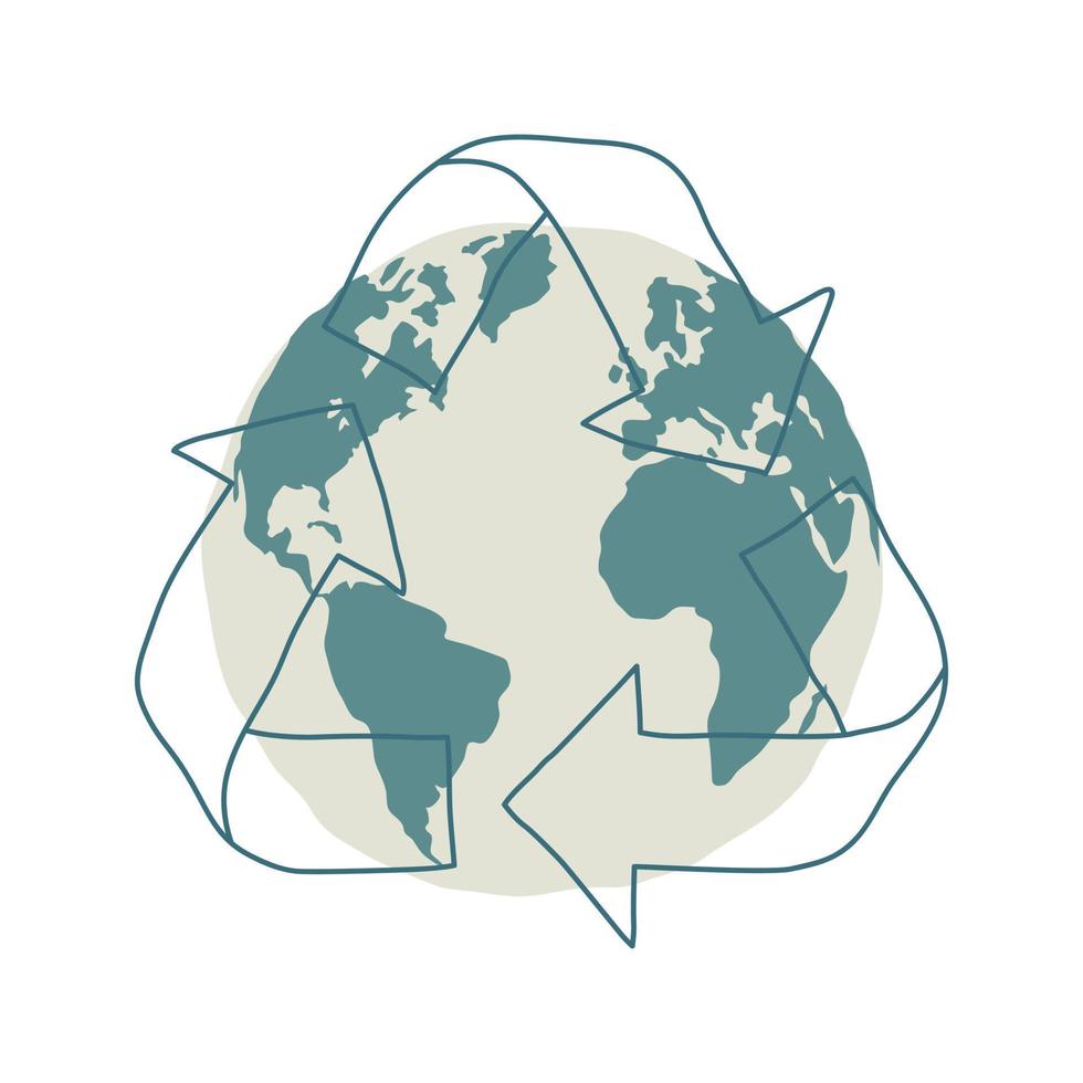 Ecology recycles arrows symbol concept with a globe inside hand draw on white background. Recycle icon. Vector design illustration.