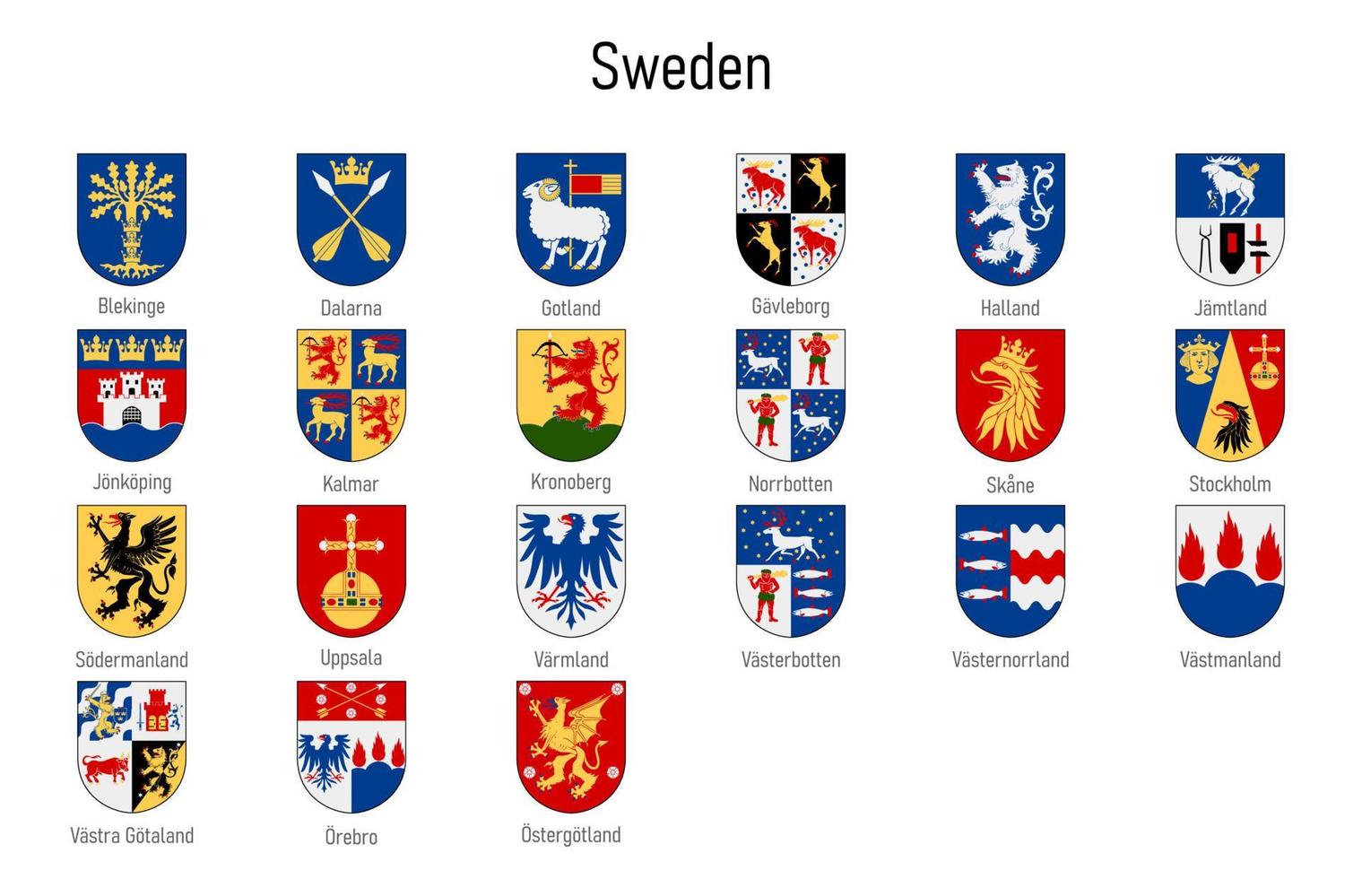 Coat of arms of the provinces of Sweden, All Swedish regions emblem vector
